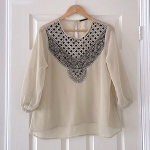 Sisley Sheer Embroidered Beaded Bohemian Polyester Peasant Blouse Size Medium